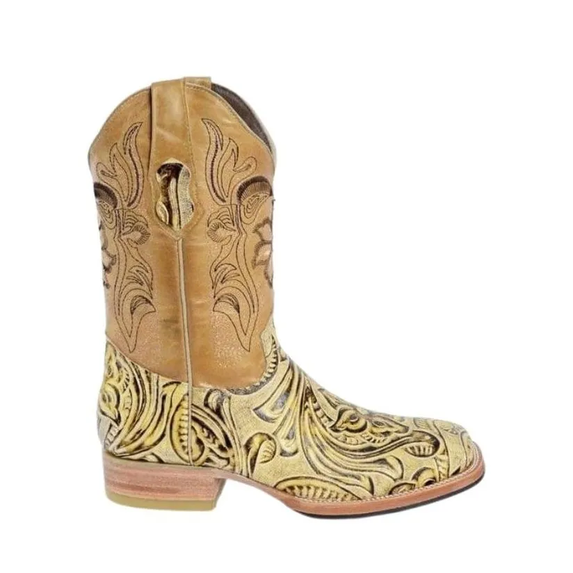 Joe boots 569 Hand Tooled Natural Combo Men's Western Boots: Square Toe Cowboy & Rodeo Boots in Genuine Leather with Belt 169