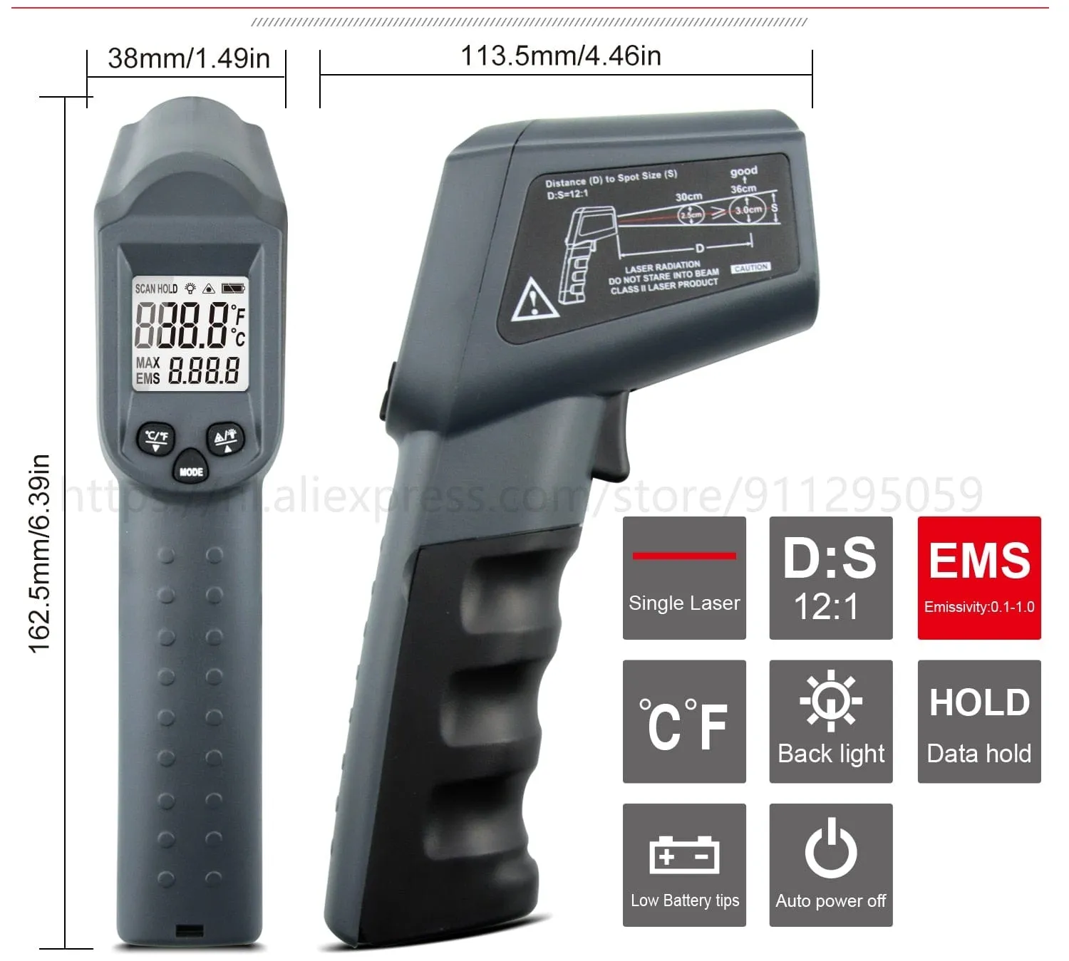 Kaemeasu Digital Infrared Thermometer -50~1600 Measuring Range,Non-Contact, Safety,Cooking,Industrial Electronic Thermometer Gun