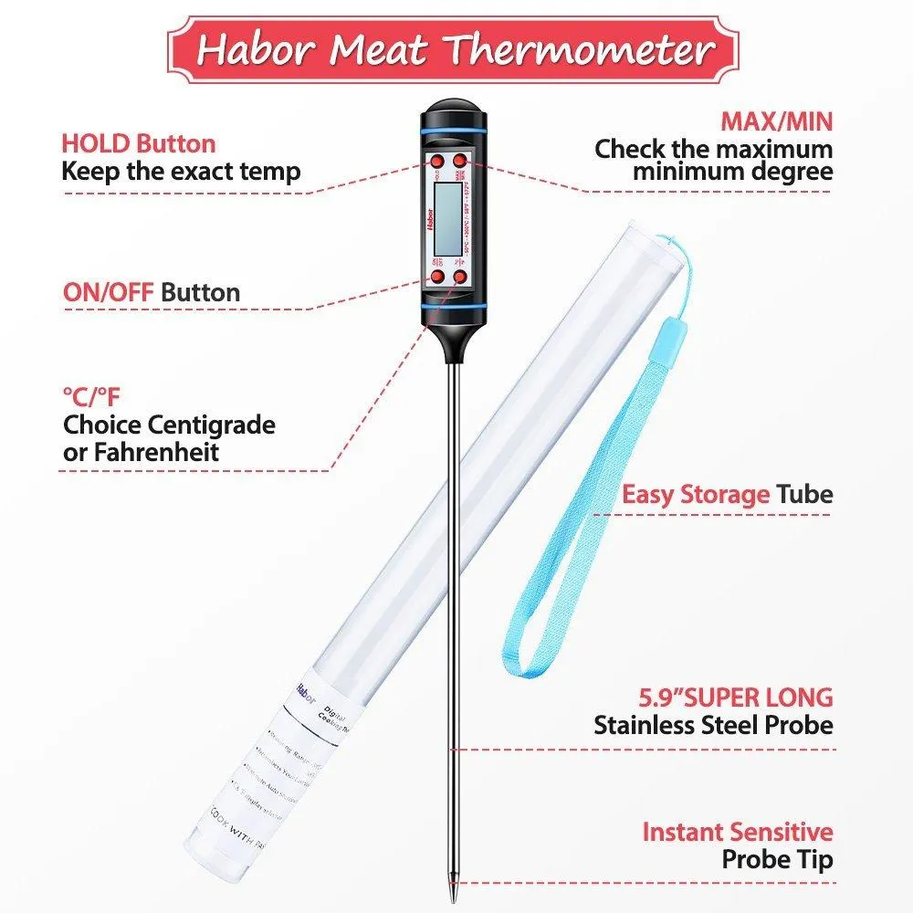 Habor Digital Meat Thermometer with Instant Read and 5.9-Inch Probe for Cooking, Grill, BBQ - LCD Screen, Hold Function - Ideal for Kitchen, Food, Meat, Candy, Milk, Water