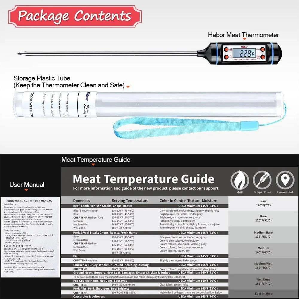 Habor Digital Meat Thermometer with Instant Read and 5.9-Inch Probe for Cooking, Grill, BBQ - LCD Screen, Hold Function - Ideal for Kitchen, Food, Meat, Candy, Milk, Water