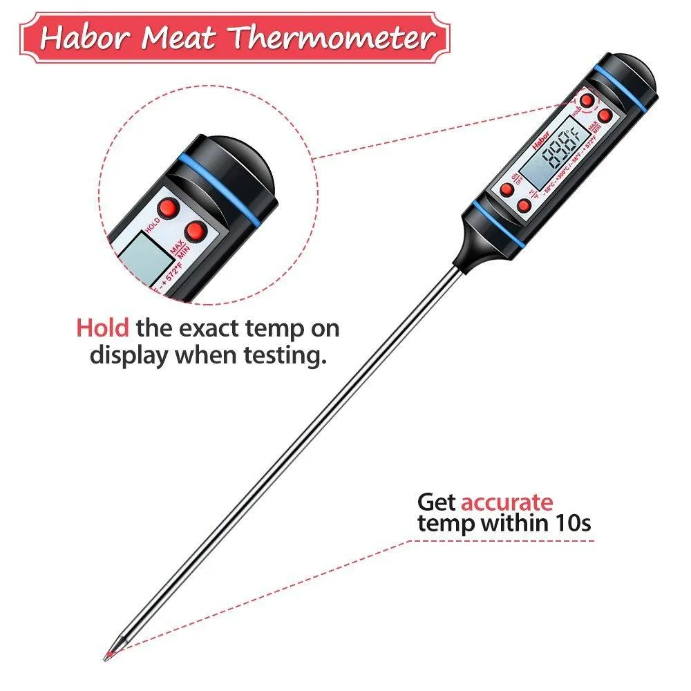 Habor Digital Meat Thermometer with Instant Read and 5.9-Inch Probe for Cooking, Grill, BBQ - LCD Screen, Hold Function - Ideal for Kitchen, Food, Meat, Candy, Milk, Water