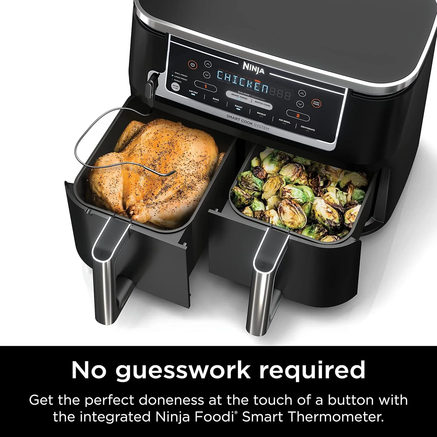 Ninja DZ550 Foodi 10 Quart 6-in-1 DualZone Smart XL Air Fryer with 2 Independent Baskets, Smart Cook Thermometer for Perfect Doneness, Match Cook & Smart Finish to Roast, Dehydrate & More