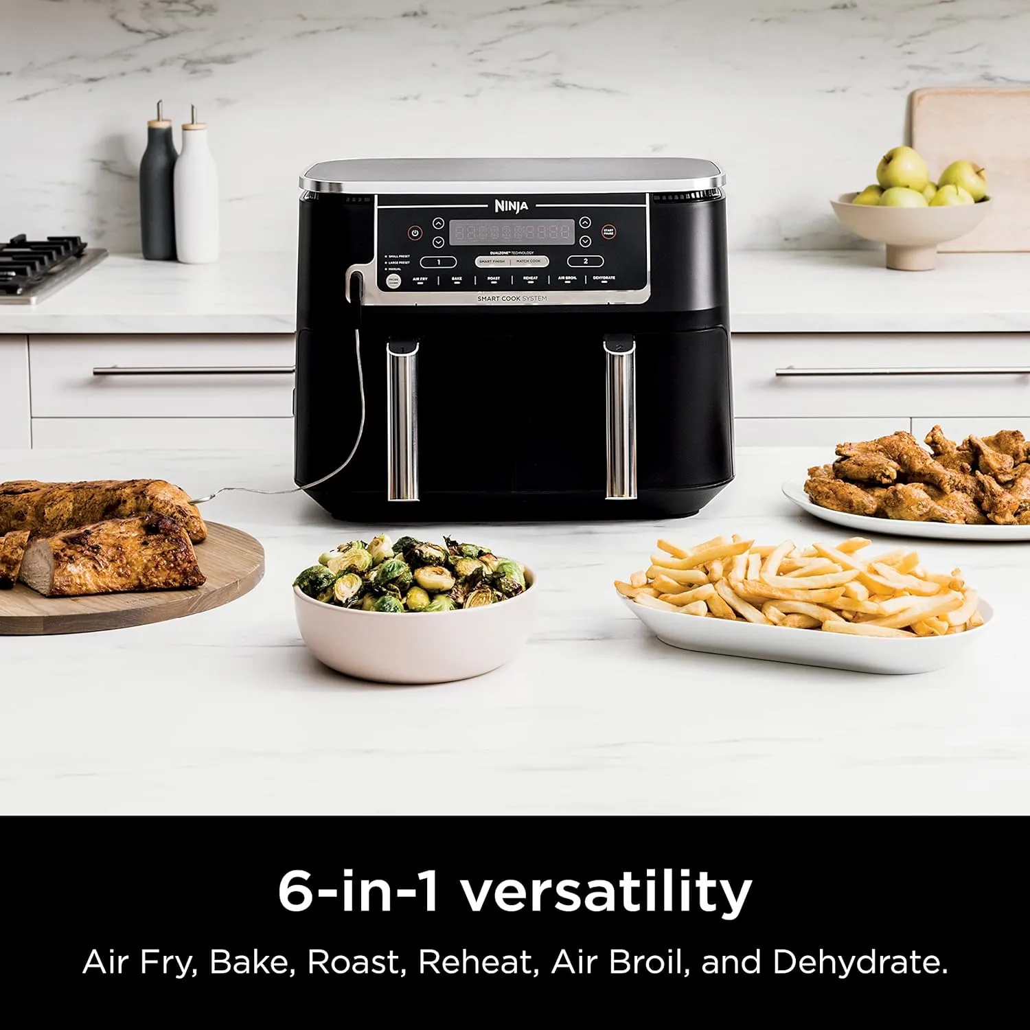 Ninja DZ550 Foodi 10 Quart 6-in-1 DualZone Smart XL Air Fryer with 2 Independent Baskets, Smart Cook Thermometer for Perfect Doneness, Match Cook & Smart Finish to Roast, Dehydrate & More