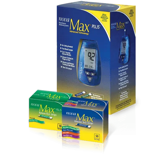 NovaMax Plus Diabetes Monitoring Kit Combo (Meter Kit, 10 Ketone Strips, and 50 Glucose Test Strips)