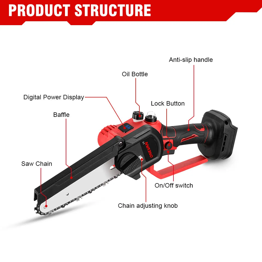 ONEVAN 50mm Pruner & 6" Chainsaw & Hedge Trimmer Brushless Cordless 3‑Pc. Combo Kit 6.0Ah