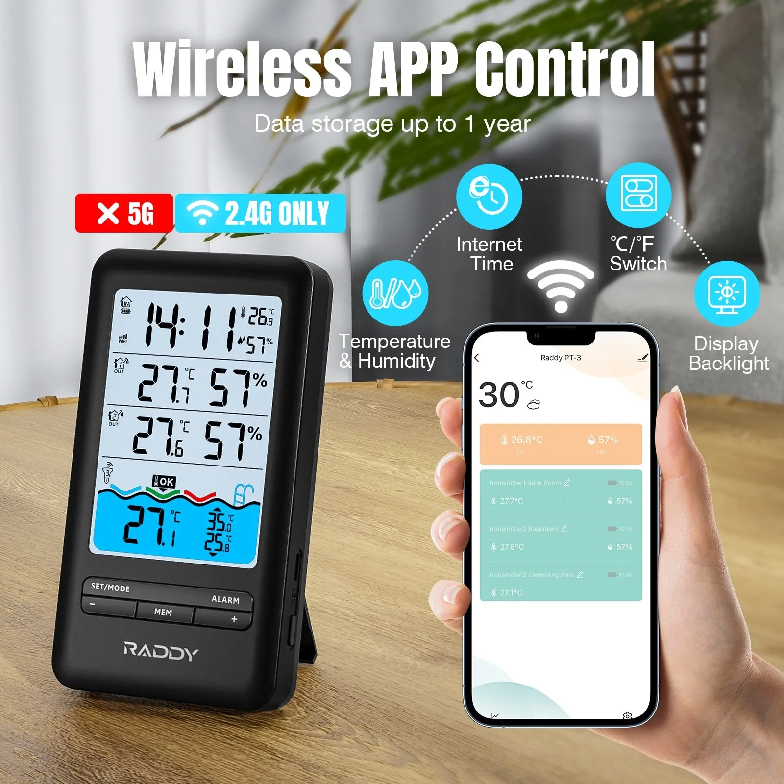 Raddy PT-3 Wi-Fi Pool Thermometer | LCD Display | IPX7 Waterproof | APP Remote Monitor | Rechargeable | Additional Remote Sensors