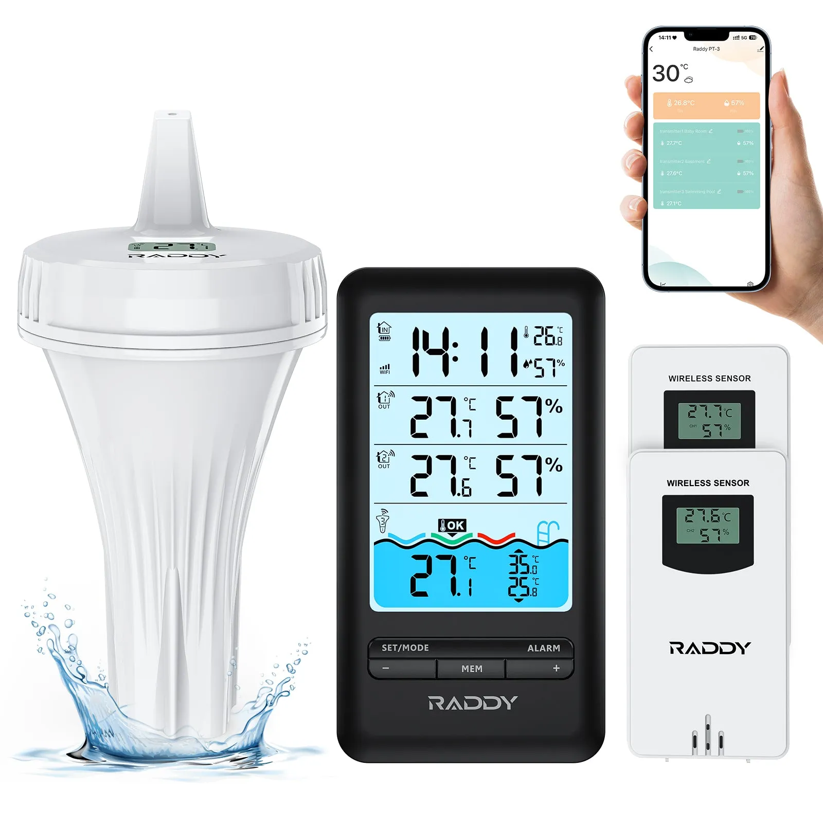 Raddy PT-3 Wi-Fi Pool Thermometer | LCD Display | IPX7 Waterproof | APP Remote Monitor | Rechargeable | Additional Remote Sensors