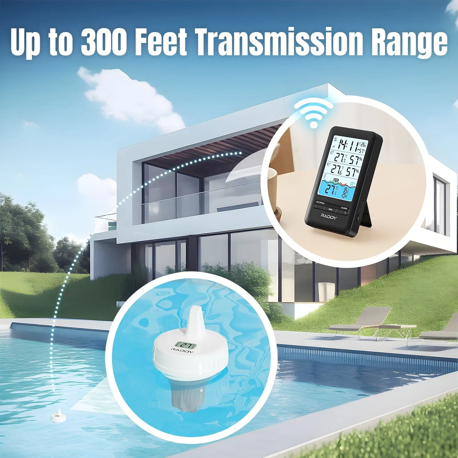 Raddy PT-3 Wi-Fi Pool Thermometer | LCD Display | IPX7 Waterproof | APP Remote Monitor | Rechargeable | Additional Remote Sensors