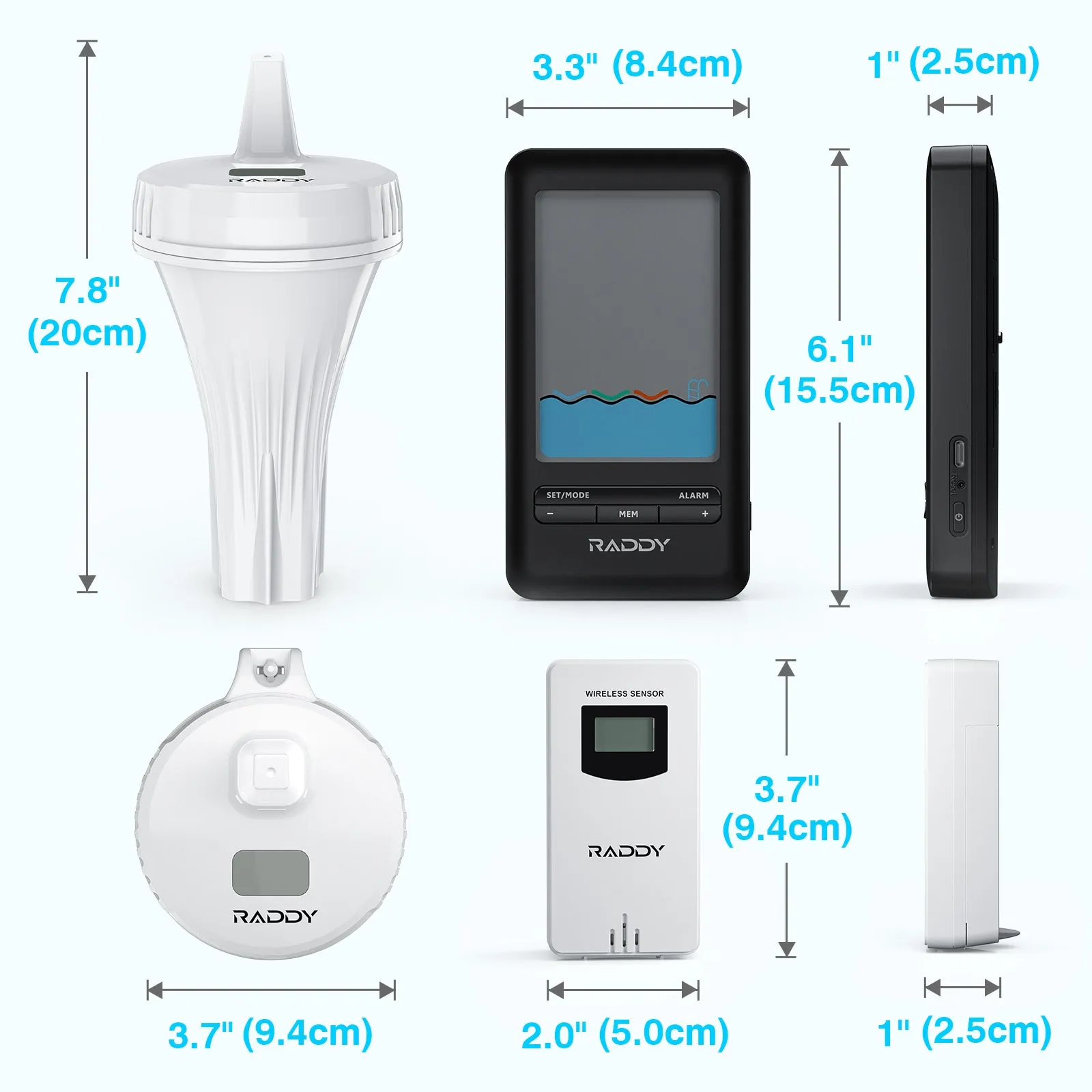 Raddy PT-3 Wi-Fi Pool Thermometer | LCD Display | IPX7 Waterproof | APP Remote Monitor | Rechargeable | Additional Remote Sensors