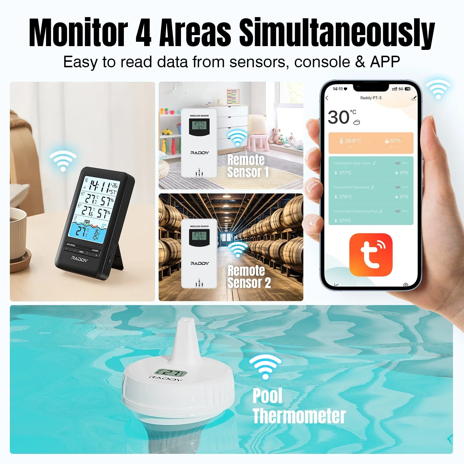 Raddy PT-3 Wi-Fi Pool Thermometer | LCD Display | IPX7 Waterproof | APP Remote Monitor | Rechargeable | Additional Remote Sensors