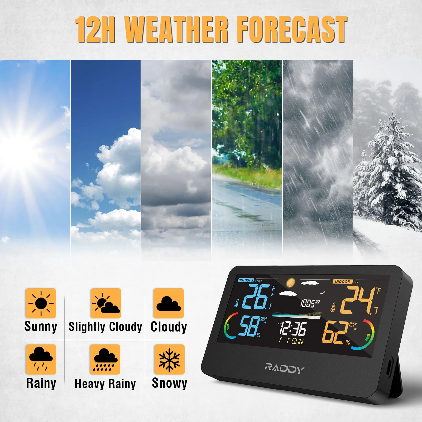 Raddy WF-55C Pro Weather Station | Wireless Thermometer Hygrometer | Barometer | Weather Forecast | Mold Risk Alert