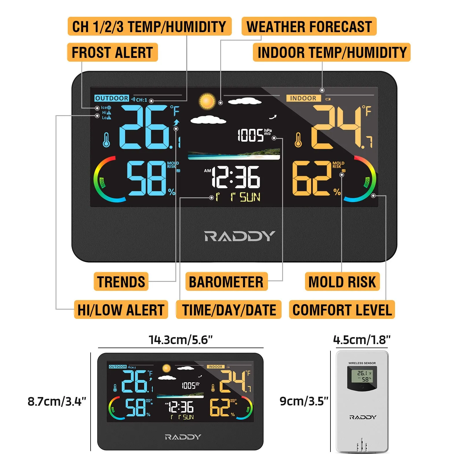 Raddy WF-55C Pro Weather Station | Wireless Thermometer Hygrometer | Barometer | Weather Forecast | Mold Risk Alert