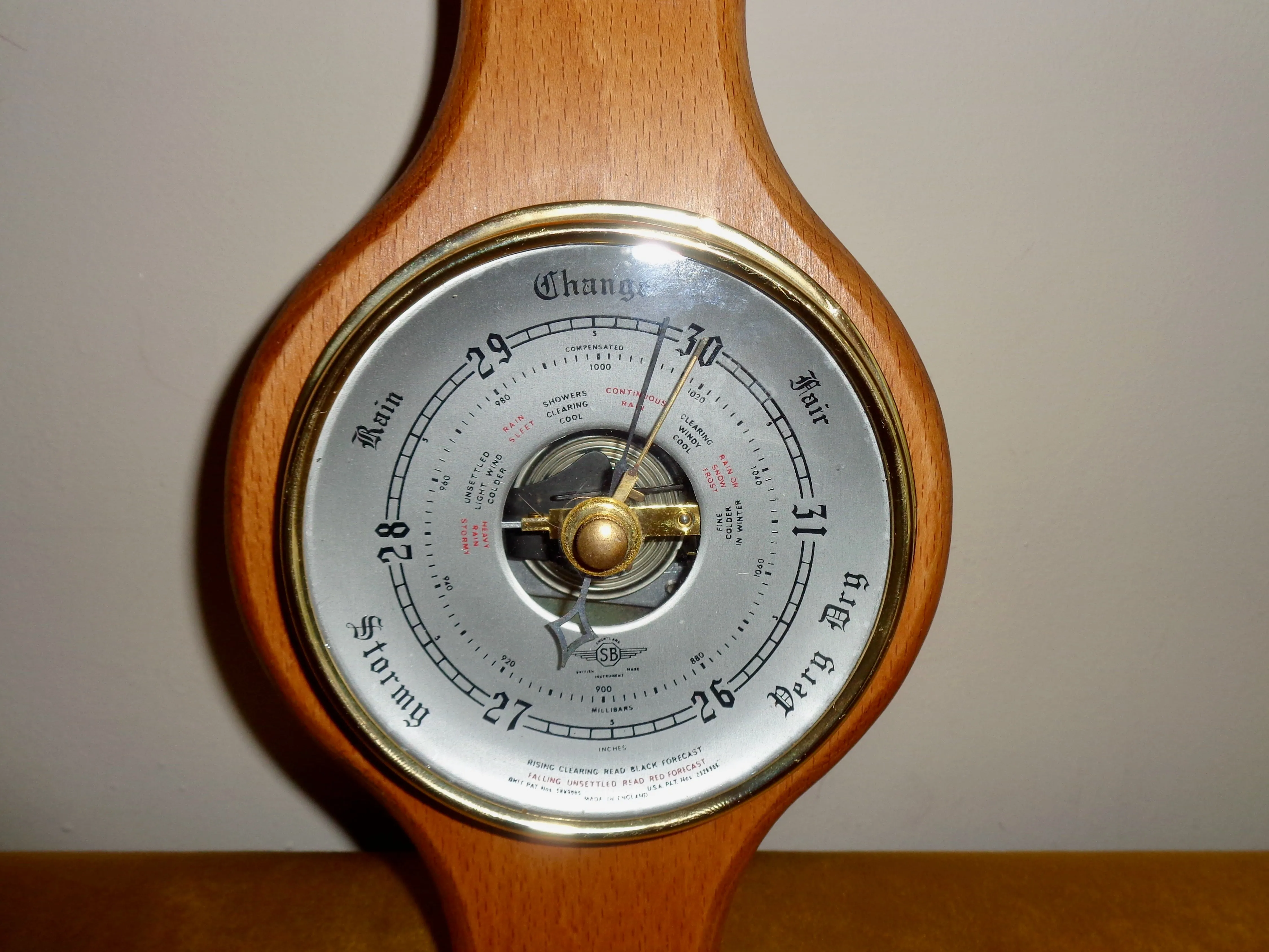 Vintage Shortland SB Aneroid Barometer and Thermometer In An Elongated Wood Surround