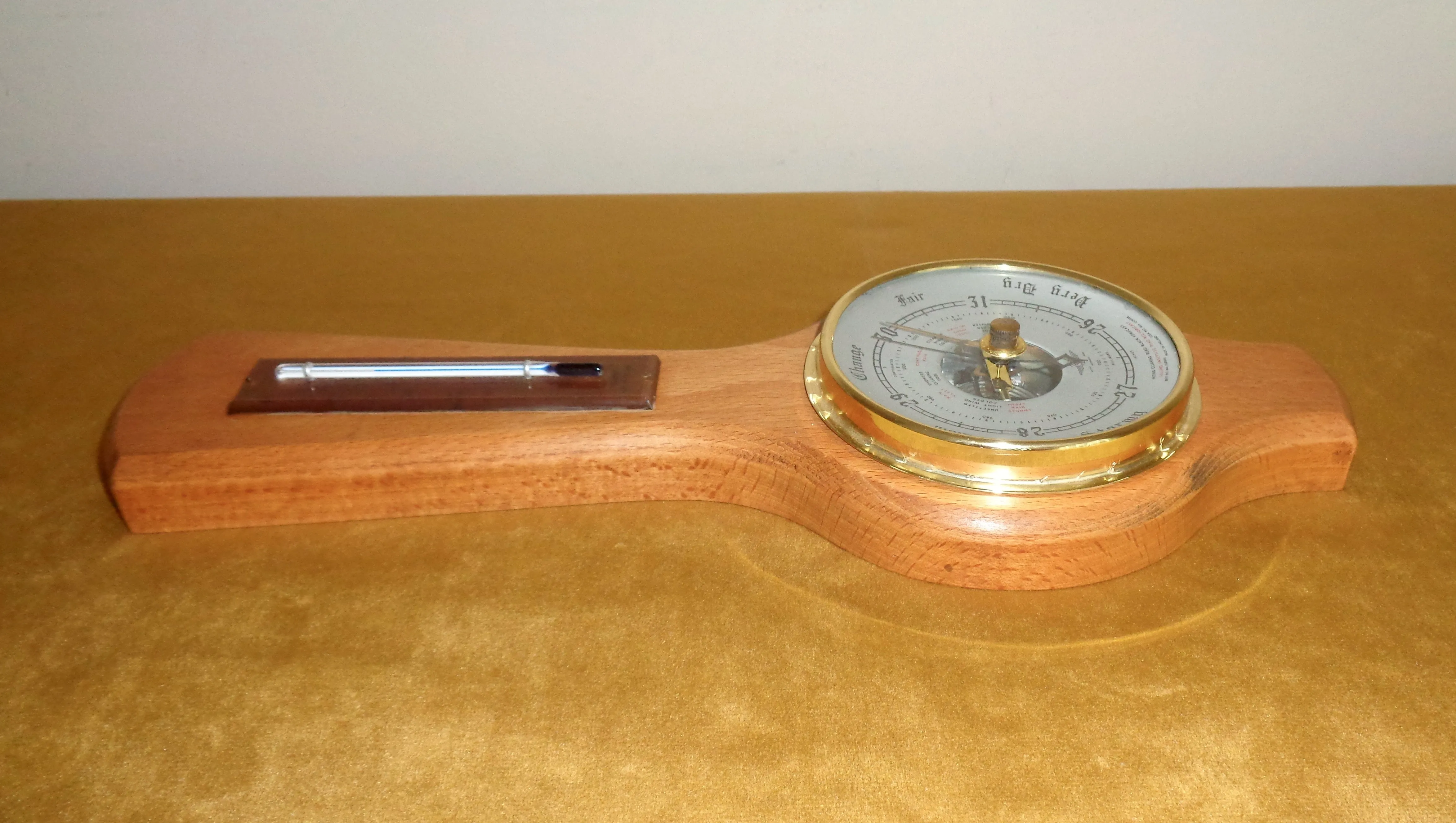 Vintage Shortland SB Aneroid Barometer and Thermometer In An Elongated Wood Surround