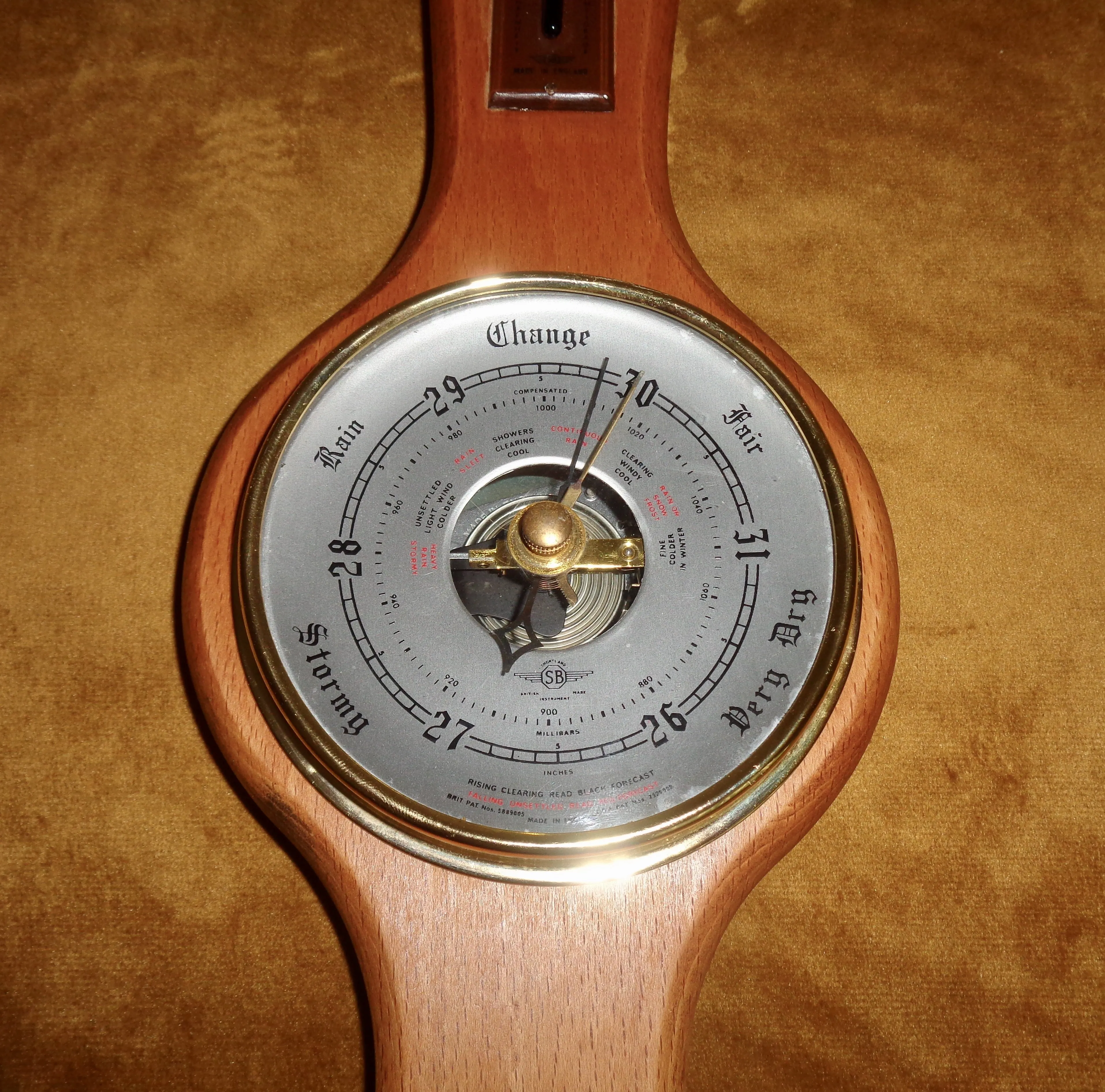 Vintage Shortland SB Aneroid Barometer and Thermometer In An Elongated Wood Surround