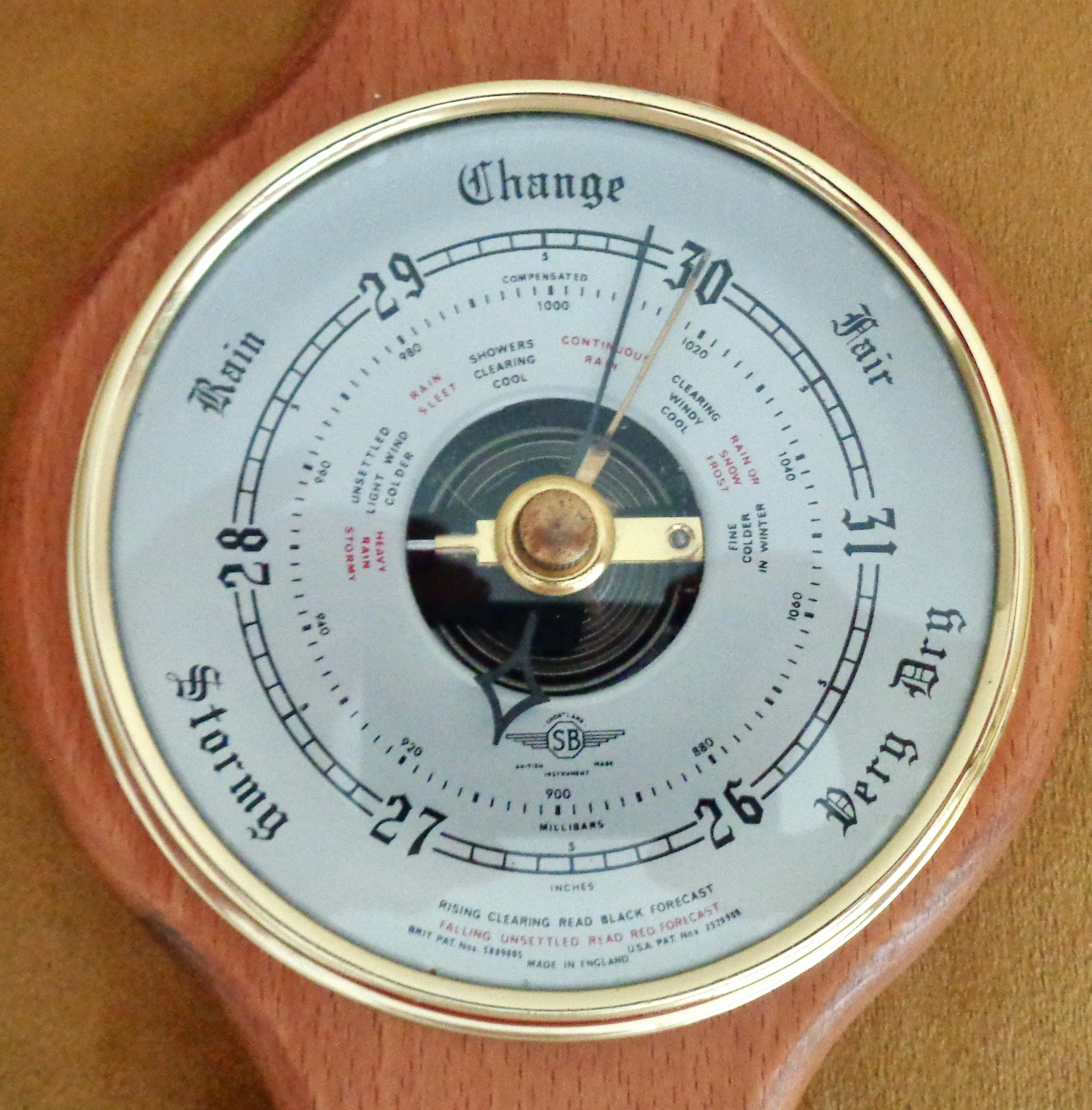 Vintage Shortland SB Aneroid Barometer and Thermometer In An Elongated Wood Surround